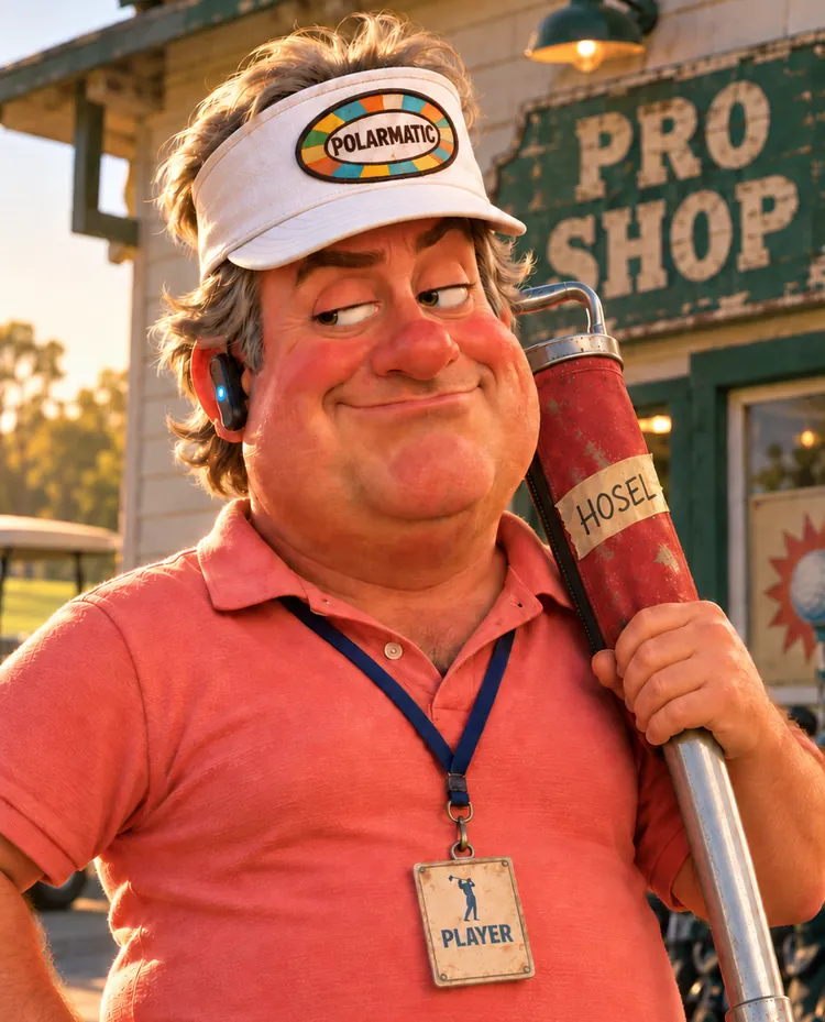 Mickey Hosel, a cartoon golf pro in a tall white visor and a salmon polo, outside the pro shop with a red HOSEL shag bag on his shoulder and a PLAYER badge on his lanyard.